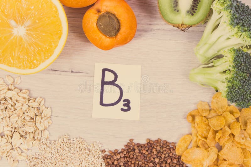 题字B3和健康滋补食物当来源自然矿物、维生素B3和饮食纤维.